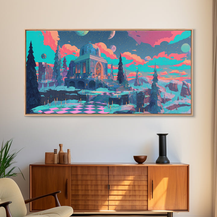 The Candelit Ark Of Forgotten Stars, Cosmic Synthwave Horror, Wide Panoramic Art, Framed Canvas Print, Retro Halloween Decor, Neon Wall Art