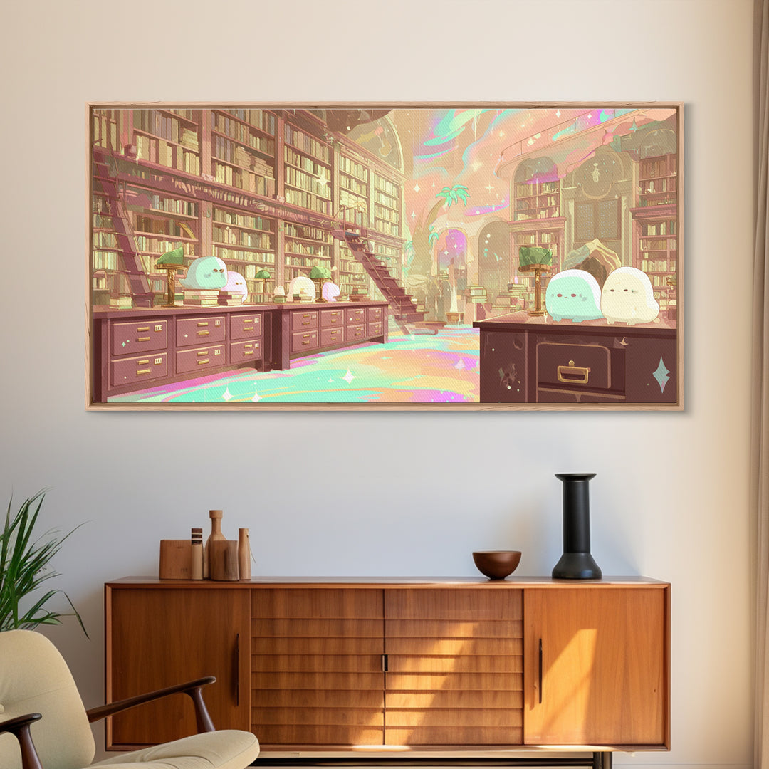The Archivist Of Dreaming Bones, Cosmic Synthwave Horror, Wide Panoramic Art, Framed Canvas Print, Retro Halloween Decor, Neon Wall Art