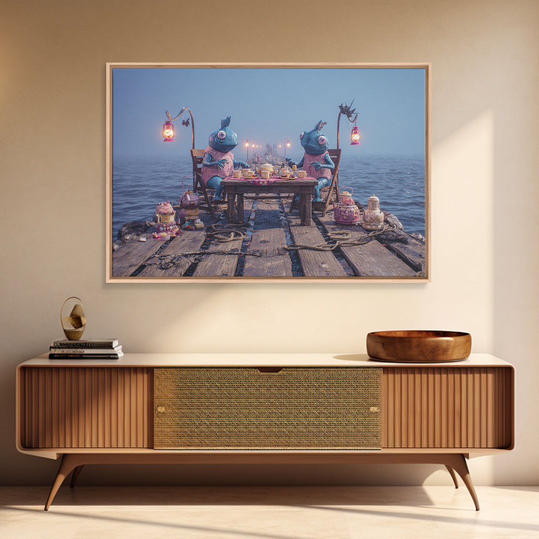 The Tea Party At Innsmouth Pier, 80s Halloween Wall Art, Landscape Wall Art, Framed Canvas Print, Retro Halloween Decor, Neon Wall Art