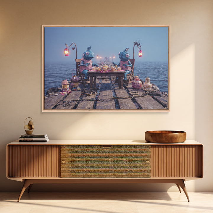 The Tea Party At Innsmouth Pier, 80s Halloween Wall Art, Landscape Wall Art, Framed Canvas Print, Retro Halloween Decor, Neon Wall Art
