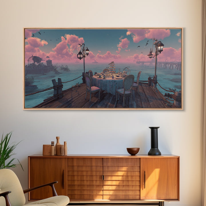 The Tea Party At Innsmouth Pier, Cute Eldritch Neon Art, Wide Panoramic Art, Canvas Print, Retro Halloween Decor, Neon Wall Art