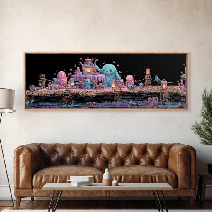 The Tea Party At Innsmouth Pier, Cute Eldritch Neon Art, Extra Wide Wall Art, Canvas Print, Retro Halloween Decor, Neon Wall Art
