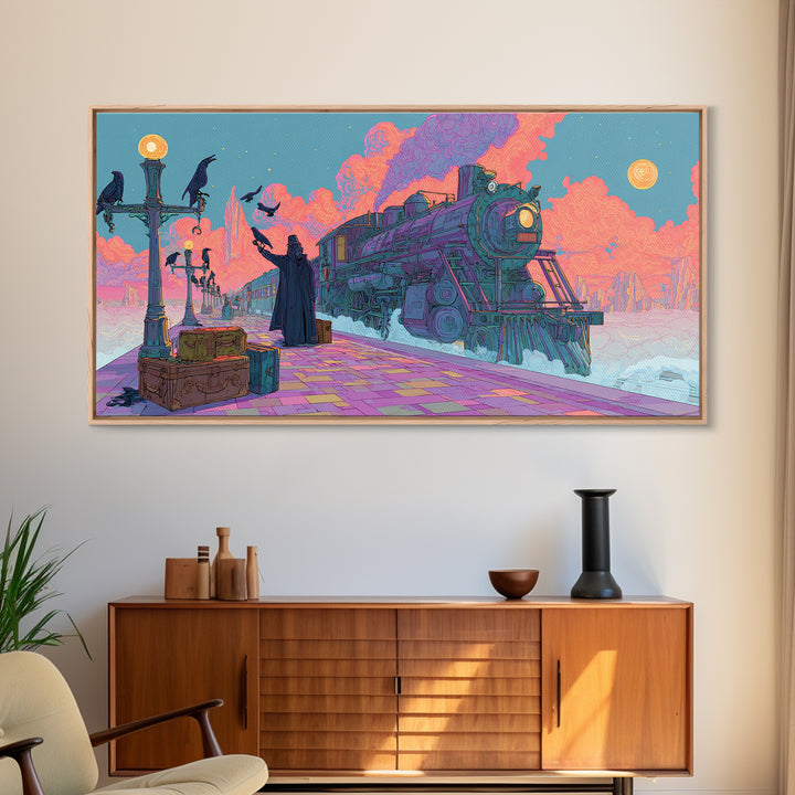 The Phantom Train To Kadath, Cute Spooky Neon Art, Wide Panoramic Art, Framed Canvas Print, Retro Halloween Decor, Neon Wall Art