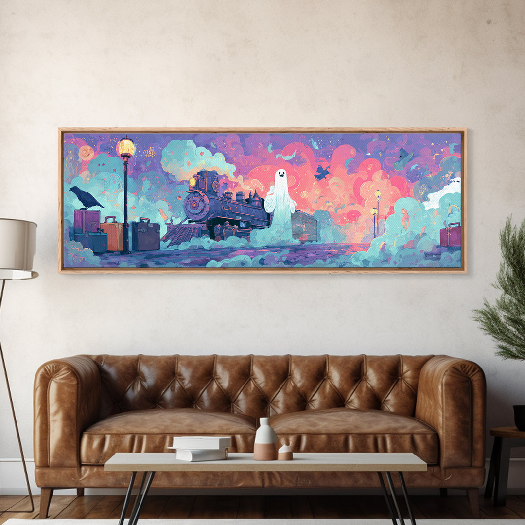 The Phantom Train To Kadath, 80s Halloween Wall Art, Extra Wide Wall Art, Canvas Print, Retro Halloween Decor, Neon Wall Art