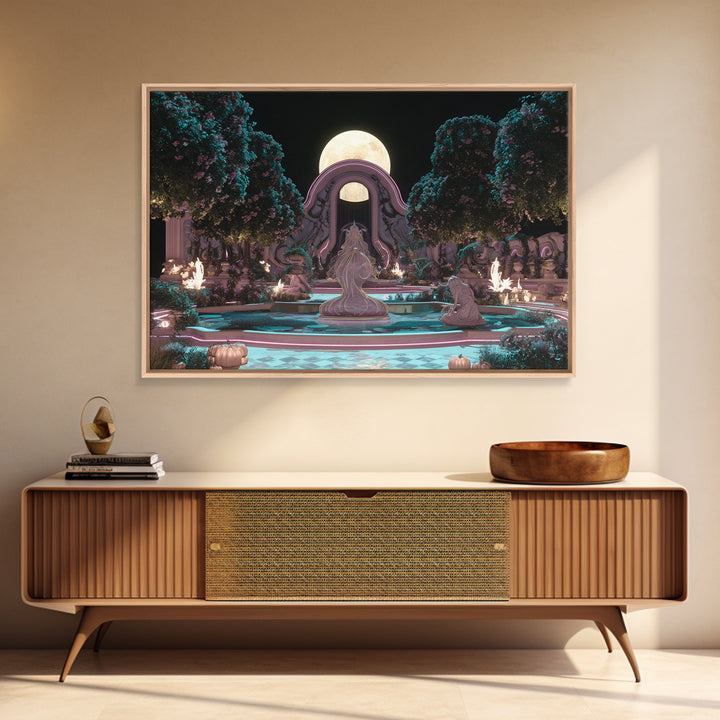 The Garden Of The Eyeless Moon, Synthwave Halloween Art, Landscape Wall Art, Framed Canvas Print, Retro Halloween Decor, Neon Wall Art