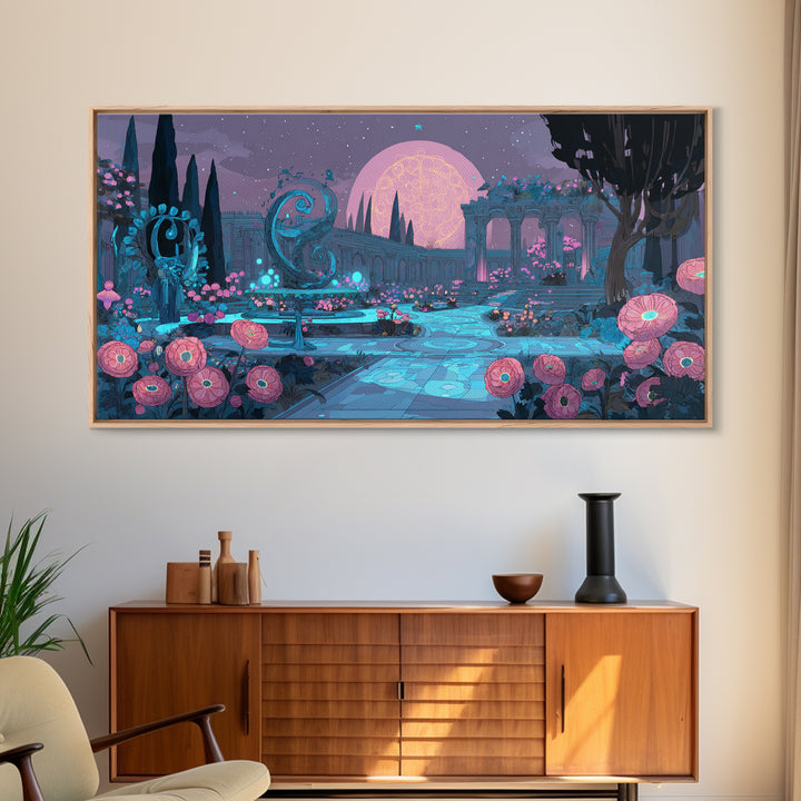 The Garden Of The Eyeless Moon, Synthwave Halloween Art, Wide Panoramic Art, Framed Canvas Print, Retro Halloween Decor, Neon Wall Art