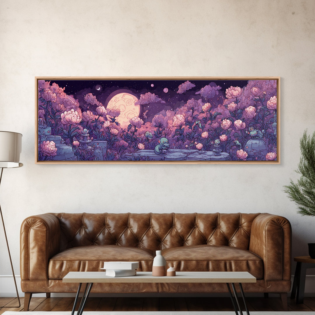 The Garden Of The Eyeless Moon, Synthwave Halloween Art, Extra Wide Wall Art, Framed Canvas Print, Retro Halloween Decor, Neon Wall Art