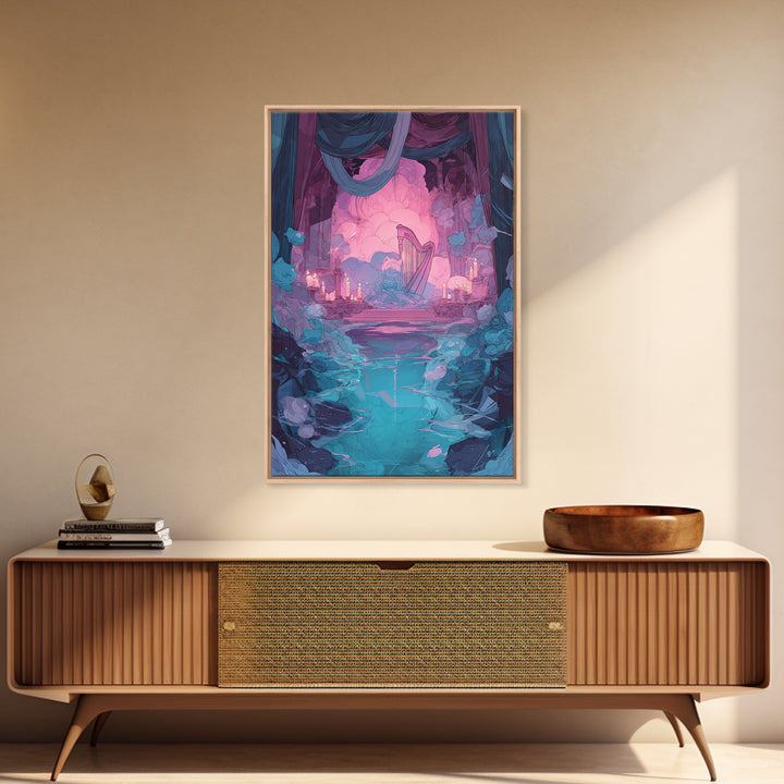 The Harpist Of Abyssal Sleep, Cute Eldritch Neon Art, Vertical Wall Art, Canvas Print, Retro Halloween Decor, Neon Wall Art