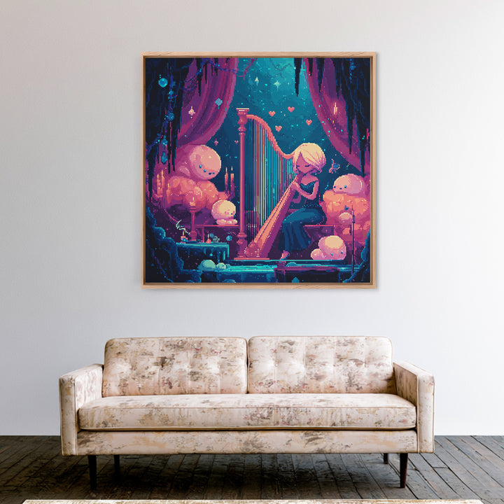 The Harpist Of Abyssal Sleep, Retro Neon Halloween Art, Square Wall Art, Framed Canvas Print, Retro Halloween Decor, Neon Wall Art