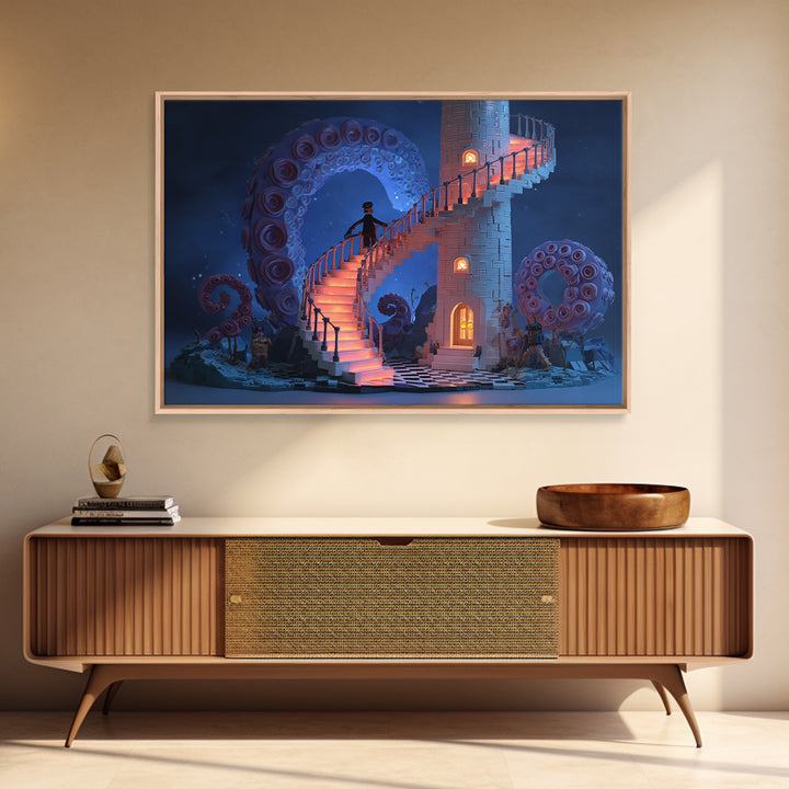 The Last Lighthouse Of Y’Ha-Nthlei, Cute Spooky Neon Art, Landscape Wall Art, Framed Canvas Print, Retro Halloween Decor, Neon Wall Art