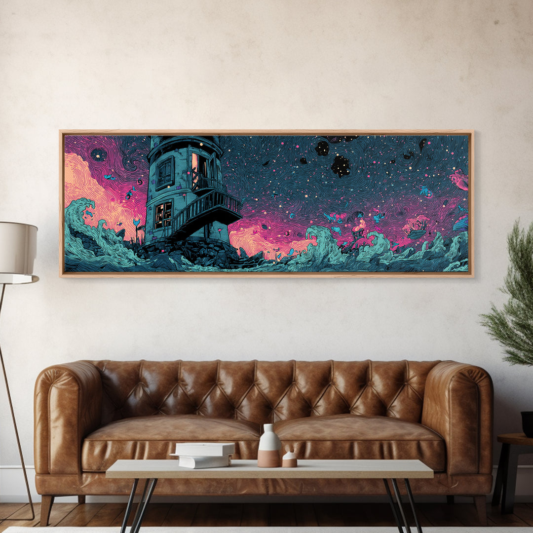 The Last Lighthouse Of Y’Ha-Nthlei, Synthwave Halloween Art, Extra Wide Wall Art, Framed Canvas Print, Retro Halloween Decor, Neon Wall Art