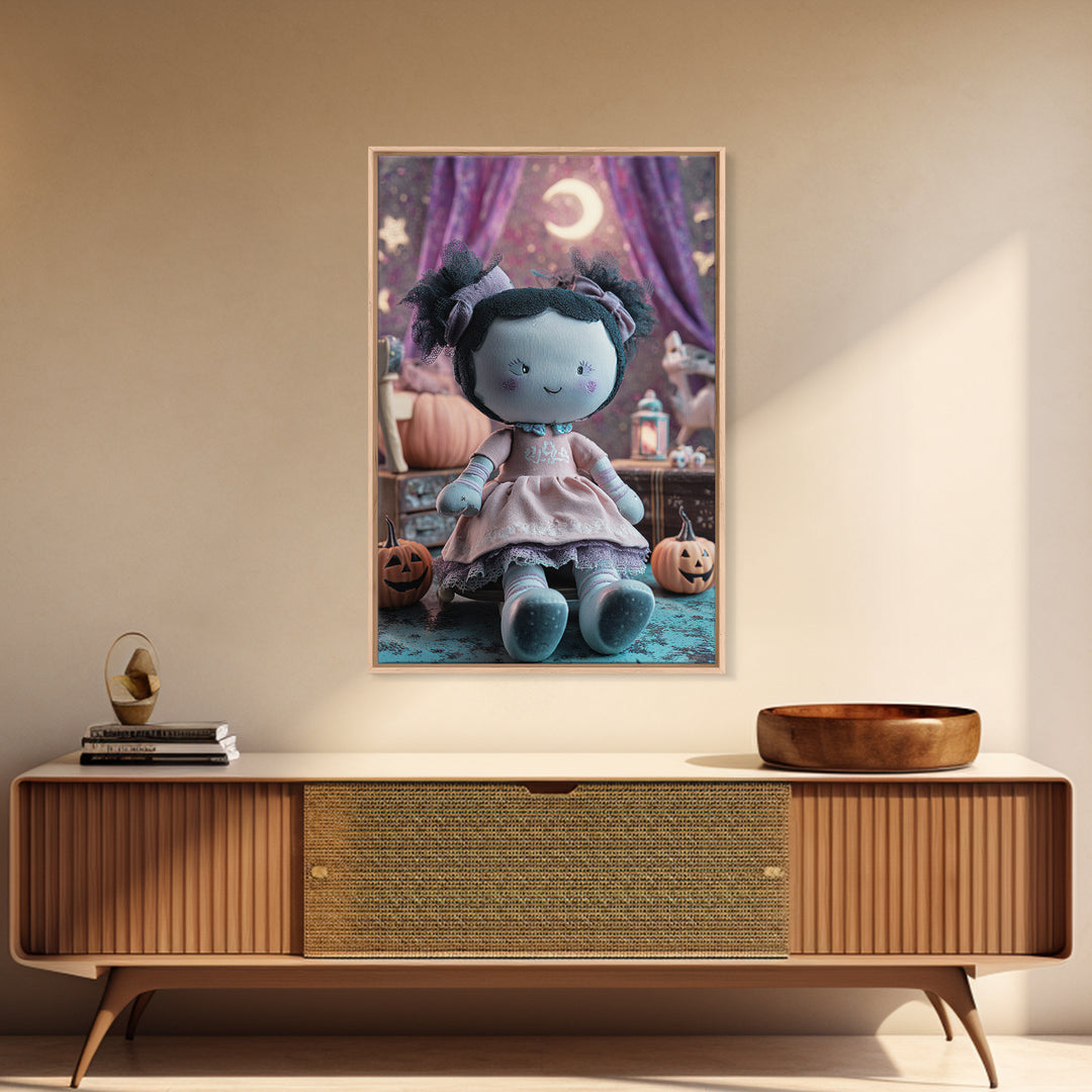 The Doll From Beyond The Void, Retro Neon Halloween Art, Vertical Wall Art, Framed Canvas Print, Retro Halloween Decor, Neon Wall Art
