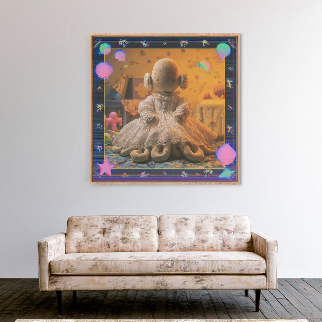 The Doll From Beyond The Void, Cosmic Synthwave Horror, Square Wall Art, Framed Canvas Print, Retro Halloween Decor, Neon Wall Art