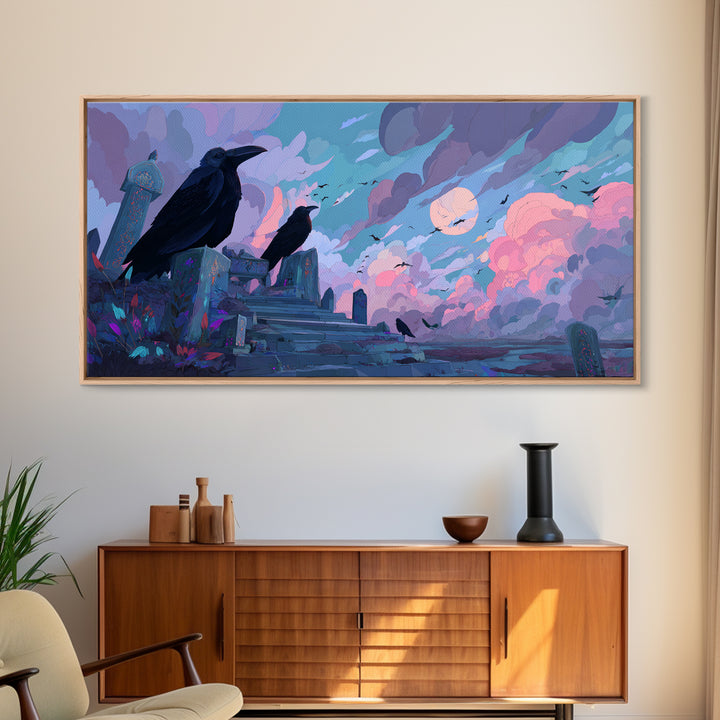 The Raven Sermon Of Leng, Cute Eldritch Neon Art, Wide Panoramic Art, Framed Canvas Print, Retro Halloween Decor, Neon Wall Art
