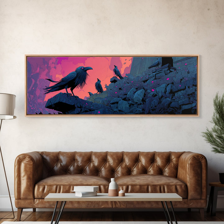 The Raven Sermon Of Leng, Synthwave Halloween Art, Extra Wide Wall Art, Canvas Print, Retro Halloween Decor, Neon Wall Art