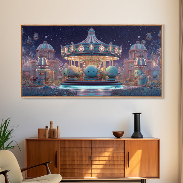 The Carousel Of Sleeping Planets, Retro Neon Halloween Art, Wide Panoramic Art, Canvas Print, Retro Halloween Decor, Neon Wall Art
