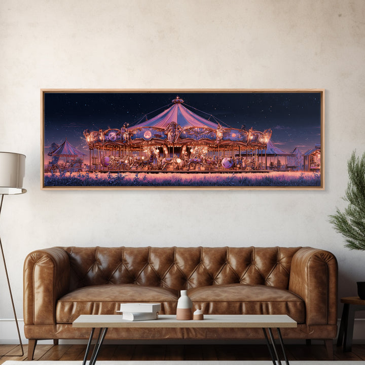 The Carousel Of Sleeping Planets, Cosmic Synthwave Horror, Extra Wide Wall Art, Canvas Print, Retro Halloween Decor, Neon Wall Art
