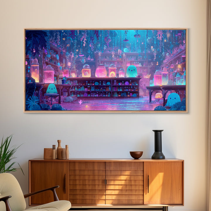 The Apothecary Of Black Seashell Dreams, Cute Eldritch Neon Art, Wide Panoramic Art, Canvas Print, Retro Halloween Decor, Neon Wall Art