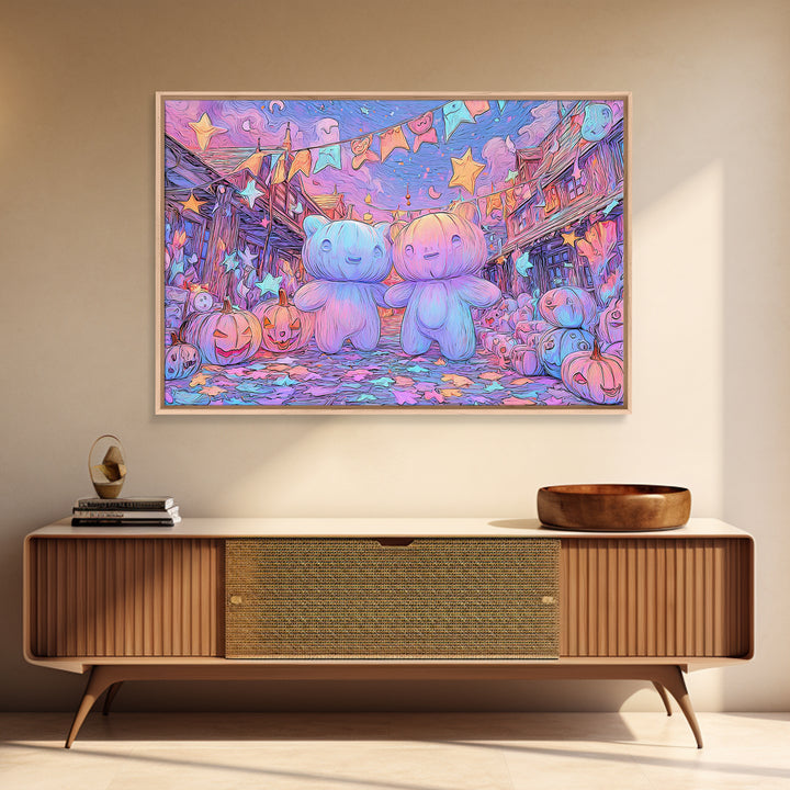 The Festival Of The Little Old Ones, Synthwave Halloween Art, Landscape Wall Art, Framed Canvas Print, Retro Halloween Decor, Neon Wall Art