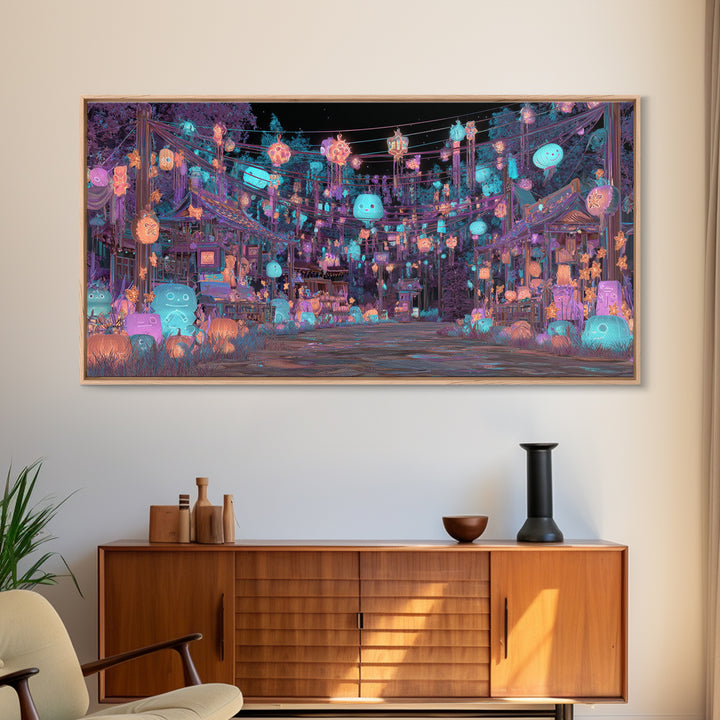 The Festival Of The Little Old Ones, Cute Eldritch Neon Art, Wide Panoramic Art, Canvas Print, Retro Halloween Decor, Neon Wall Art