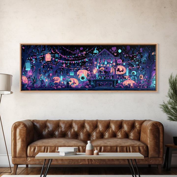 The Festival Of The Little Old Ones, Vaporwave Halloween Decor, Extra Wide Wall Art, Framed Canvas Print, Retro Halloween Decor