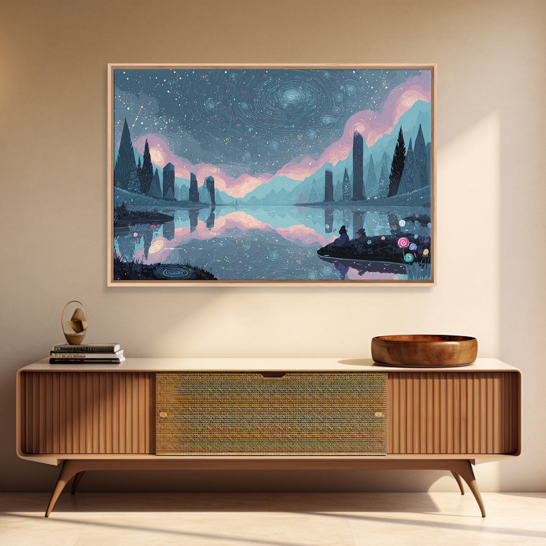 The Mirror Lake Of Lost Constellations, 80s Halloween Wall Art, Landscape Wall Art, Framed Canvas Print, Retro Halloween Decor