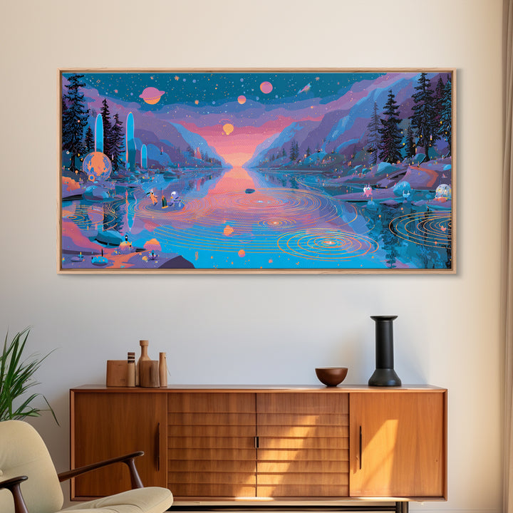The Mirror Lake Of Lost Constellations, Synthwave Halloween Art, Wide Panoramic Art, Framed Canvas Print, Retro Halloween Decor