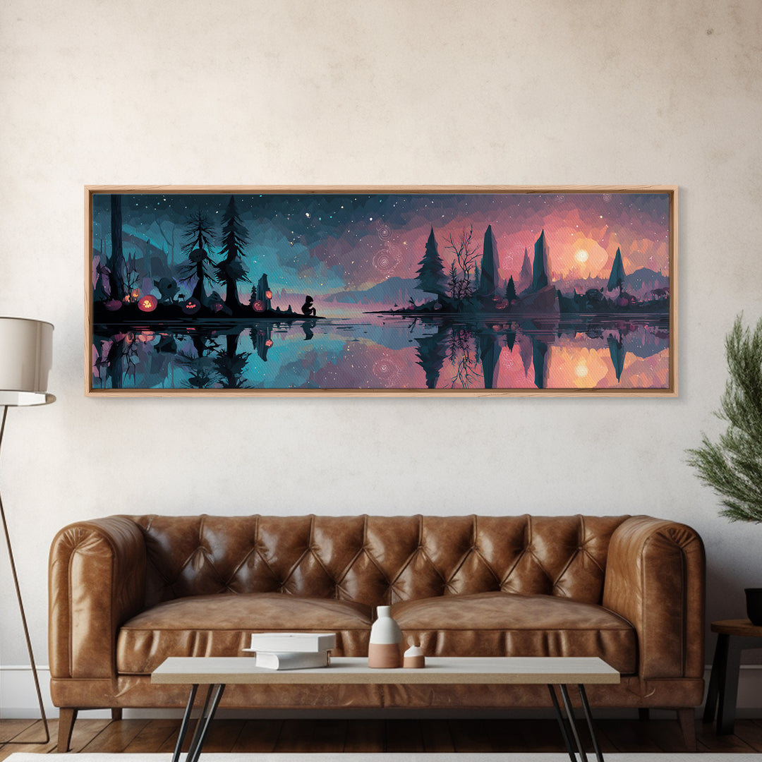 The Mirror Lake Of Lost Constellations, Cosmic Synthwave Horror, Extra Wide Wall Art, Framed Canvas Print, Retro Halloween Decor