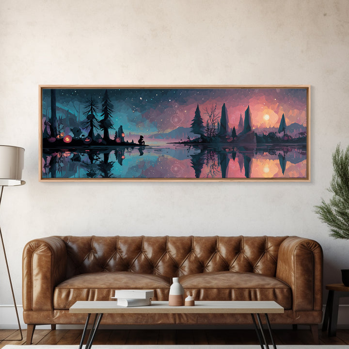 The Mirror Lake Of Lost Constellations, Cosmic Synthwave Horror, Extra Wide Wall Art, Framed Canvas Print, Retro Halloween Decor
