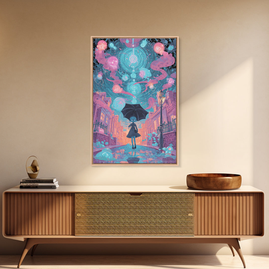 The Umbrella Of The Outer Rain, Retro Neon Halloween Art, Vertical Wall Art, Framed Canvas Print, Retro Halloween Decor, Neon Wall Art