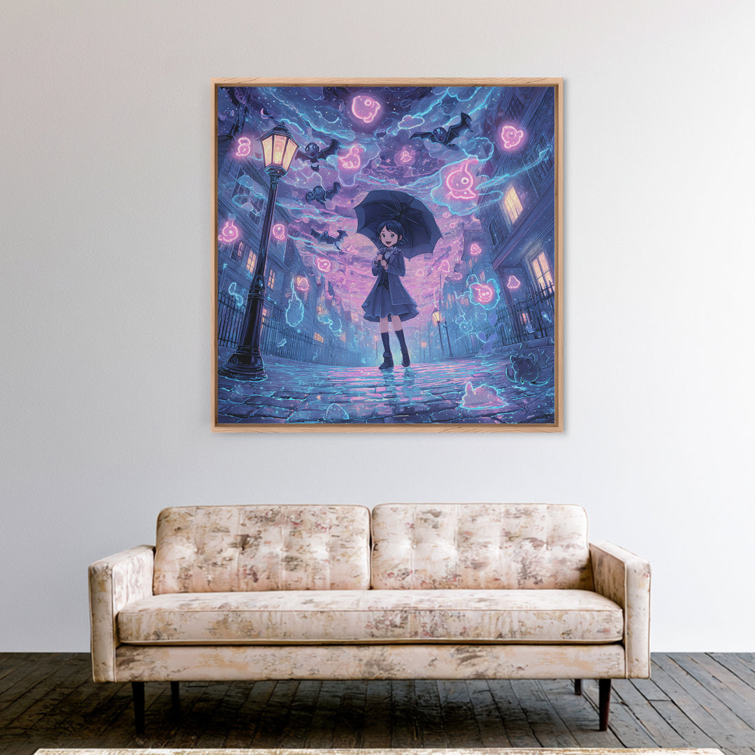 The Umbrella Of The Outer Rain, Cute Spooky Neon Art, Square Wall Art, Canvas Print, Retro Halloween Decor, Neon Wall Art