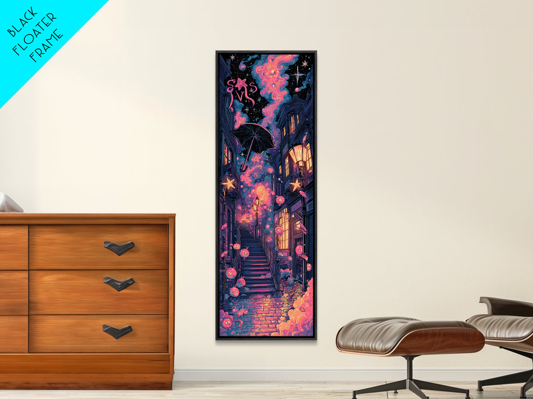 The Umbrella Of The Outer Rain, Cute Spooky Neon Art, Tall Narrow Wall Art, Canvas Print, Retro Halloween Decor, Neon Wall Art