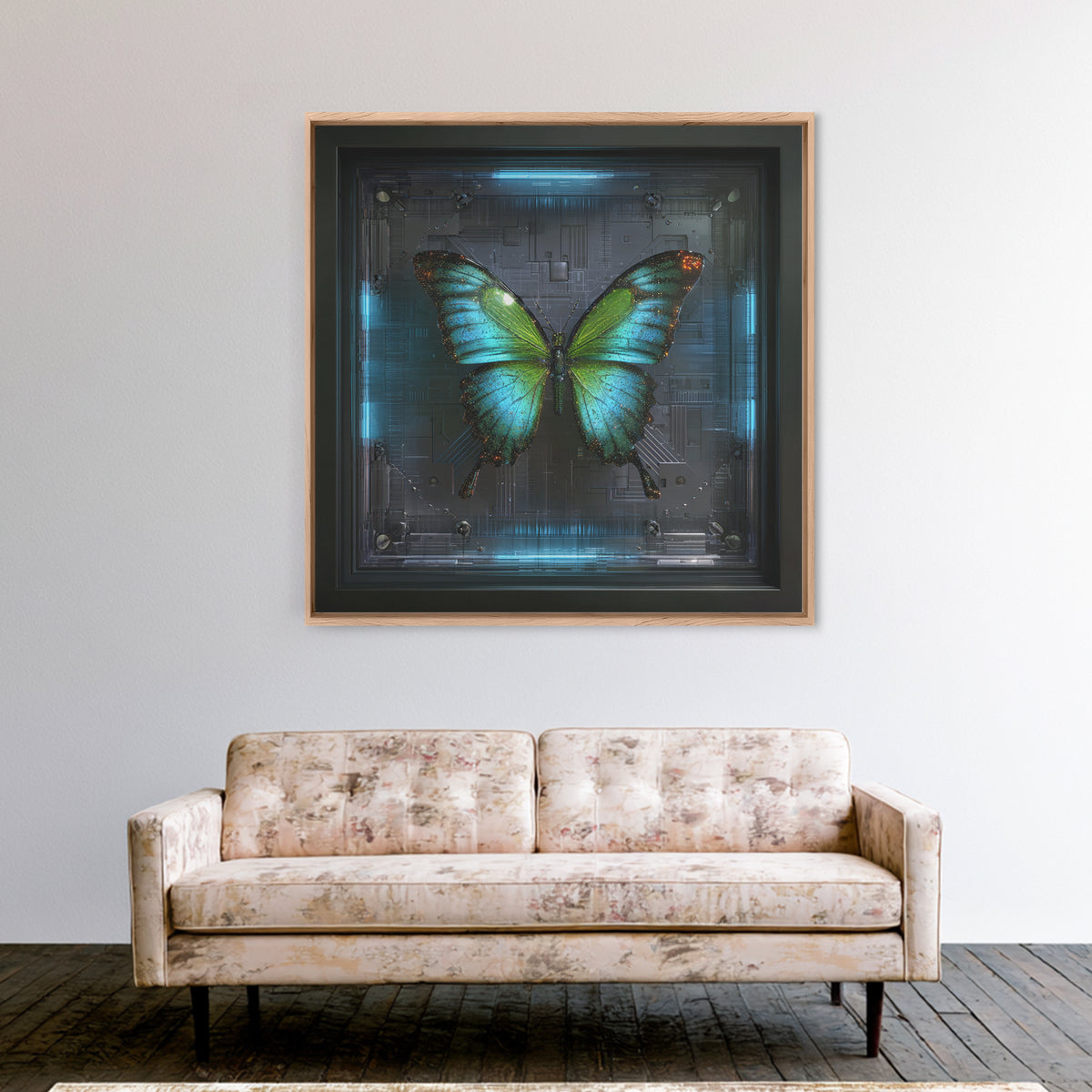 Holographic Butterfly over Black Metal Surface Canvas Print, Cyberpunk Art, Japanese Art, Living Room Decor, Fine Art, Neon, CYB-1x1-19