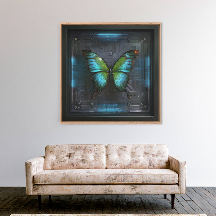 Holographic Butterfly over Black Metal Surface Canvas Print, Cyberpunk Art, Japanese Art, Living Room Decor, Fine Art, Neon, CYB-1x1-19
