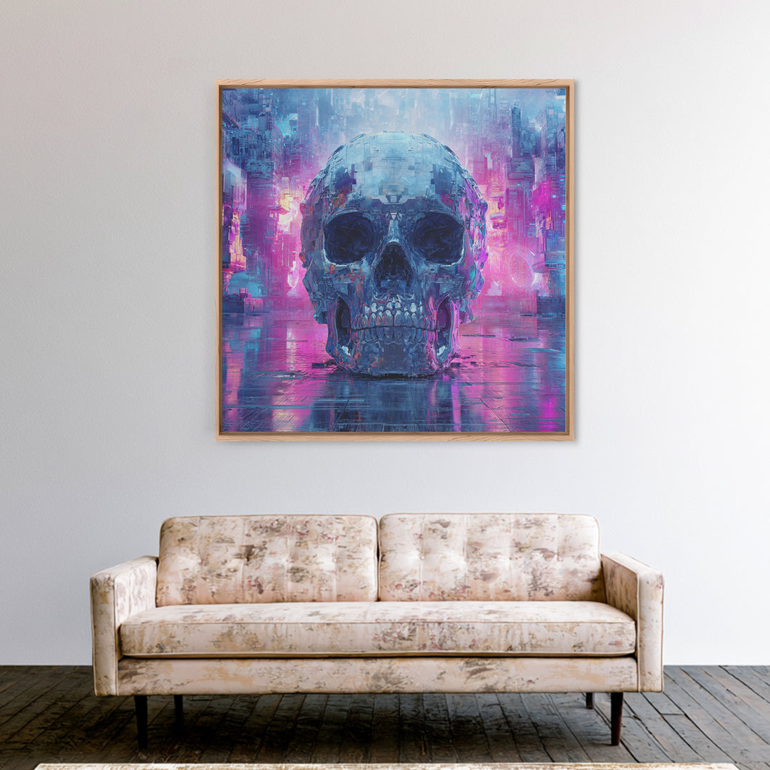 Cyberpunk Skull with Chrome and Violet Light Canvas Print, Cyberpunk Art, Art Print, Living Room Decor, Fine Art, Neon, CYB-1x1-20