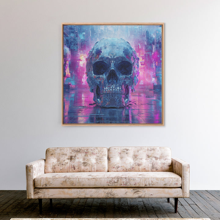 Cyberpunk Skull with Chrome and Violet Light Canvas Print, Cyberpunk Art, Art Print, Living Room Decor, Fine Art, Neon, CYB-1x1-20