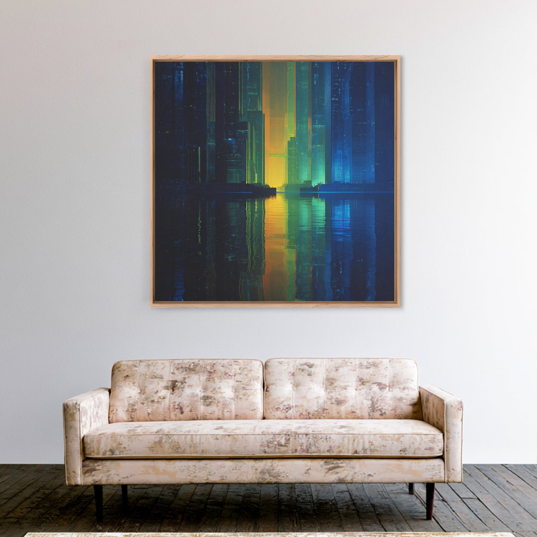 Neon Skyline Reflected Canvas Print, Cyberpunk Art, Man Cave Decor, Living Room Decor, Fine Art, Neon, Fine Art Print, CYB-1x1-22