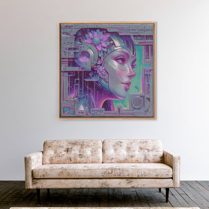 Android Woman with Glowing Circuitry and Flowers Canvas Print, Cyberpunk Art, Blue Wall Art, Living Room Decor, Neon, CYB-1x1-27