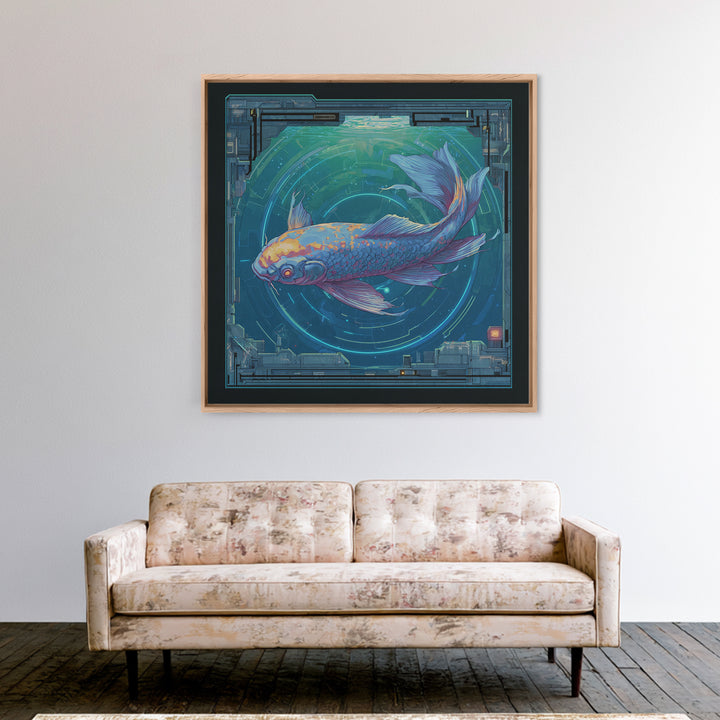 Cyberpunk Koi Swimming Through Electric Blue Water Canvas Print, Cyberpunk Art, Textured Painting, Living Room Decor, Neon, CYB-1x1-29