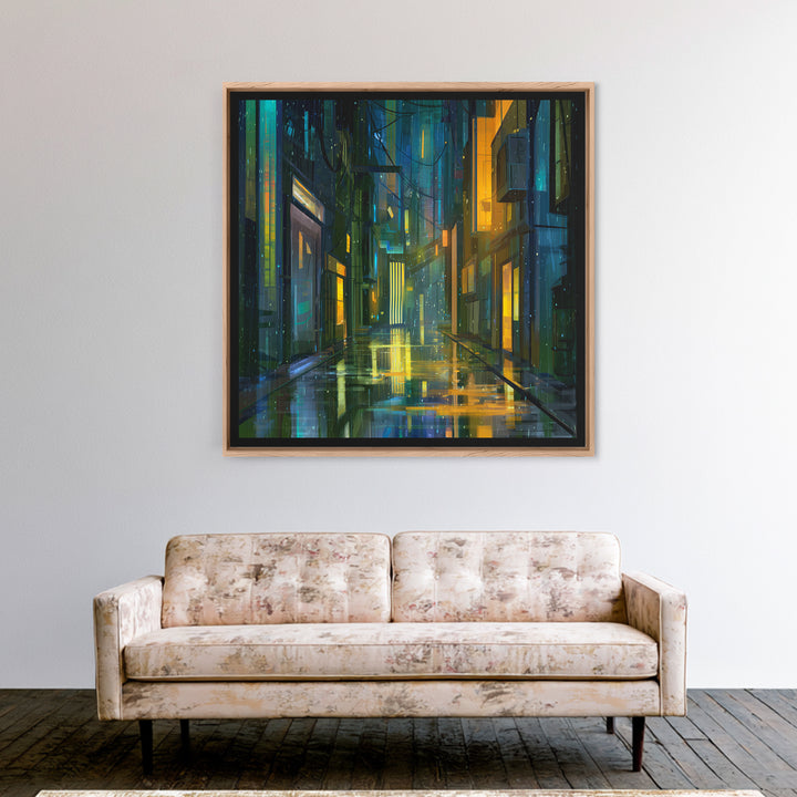 Rain Soaked Alley Framed Canvas Print, Cyberpunk Art, Gallery Decor, Living Room Decor, Fine Art, Neon, Wall Art, Home Decor, CYB-1x1-32