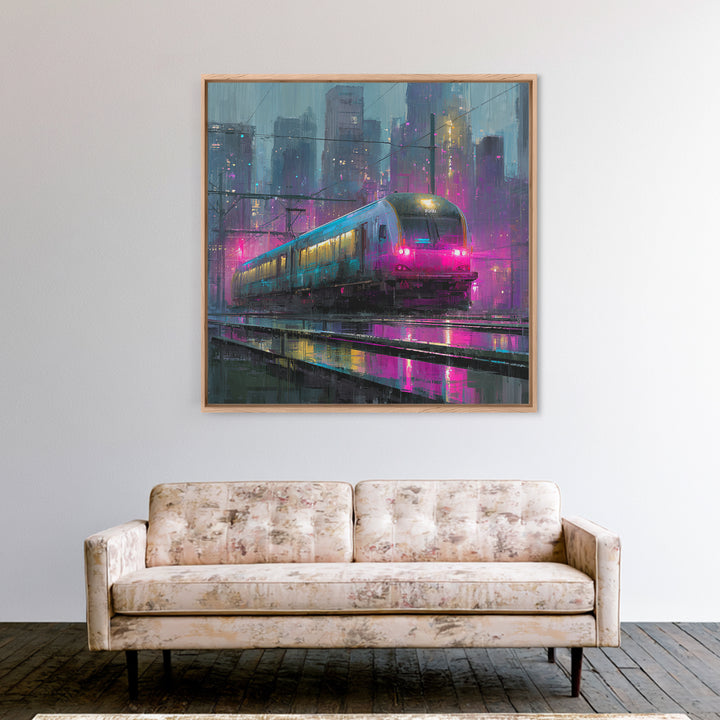 City Train Rushing Through Pink Electric Haze Framed Canvas Print, Cyberpunk Art, Boho Decor, Living Room Decor, Oil Painting, CYB-1x1-37