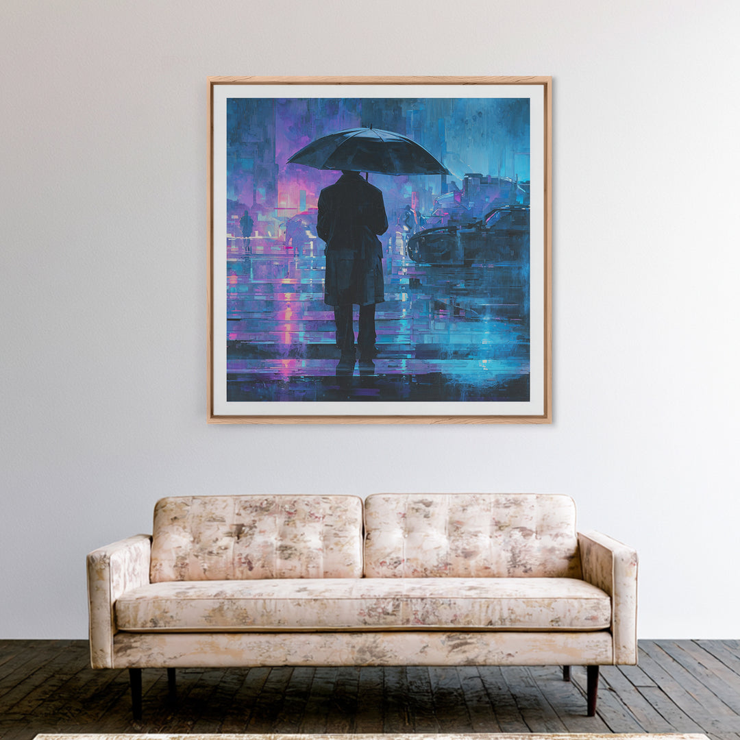 Glowing Umbrella Figure Framed Canvas Print, Cyberpunk Art, Cyberpunk Decor, Living Room Decor, Fine Art, Neon, Modern Decor, CYB-1x1-39