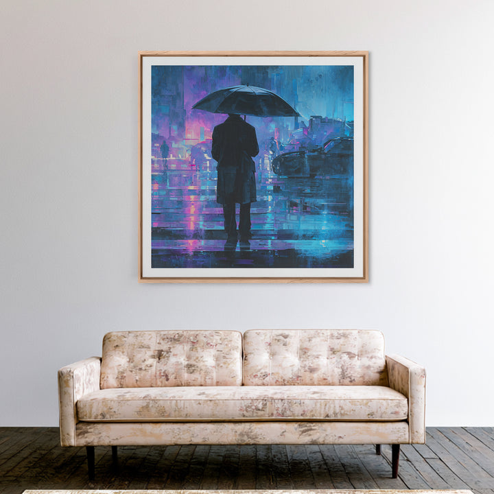 Glowing Umbrella Figure Framed Canvas Print, Cyberpunk Art, Cyberpunk Decor, Living Room Decor, Fine Art, Neon, Modern Decor, CYB-1x1-39