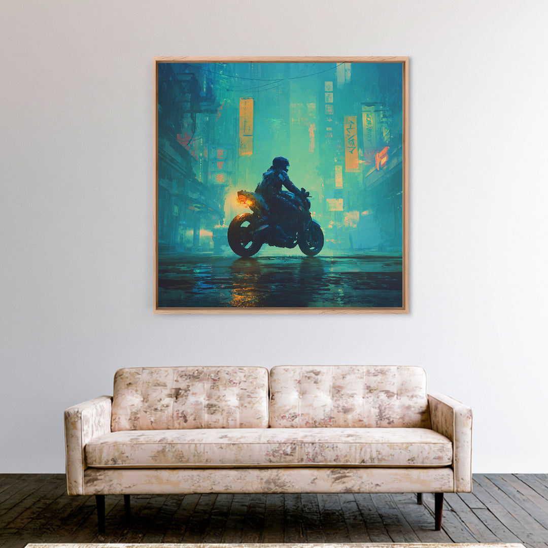Motorcycle Rider under Holographic Signs Canvas Print, Cyberpunk Art, Home Decor, Living Room Decor, Neon, Japanese Wall Art, CYB-1x1-4