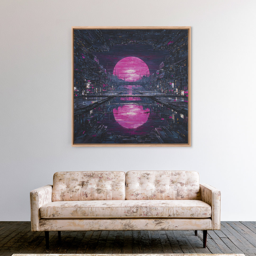 Dystopian Moon over Dense Rooftops Framed Canvas Print, Cyberpunk Art, Cyberpunk Helmet, Living Room Decor, Abstract Art, Neon, CYB-1x1-42