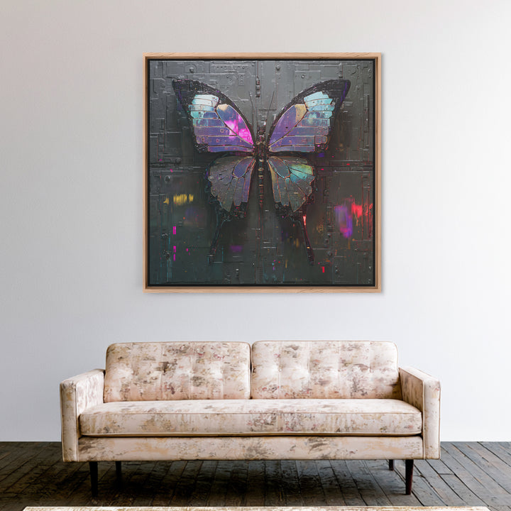 Holographic Butterfly over Black Metal Surface Framed Canvas Print, Cyberpunk Art, Man Cave Decor, Living Room Decor, Neon, CYB-1x1-43