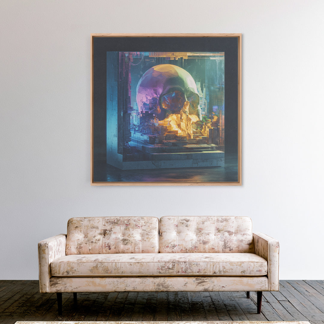 Cyberpunk Skull with Chrome and Violet Light Framed Canvas Print, Cyberpunk Art, Movie Posters, Living Room Decor, Neon, CYB-1x1-44