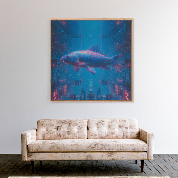 Cyberpunk Koi Swimming Through Electric Blue Water Canvas Print, Cyberpunk Art, Fine Art Print, Living Room Decor, Neon, CYB-1x1-5