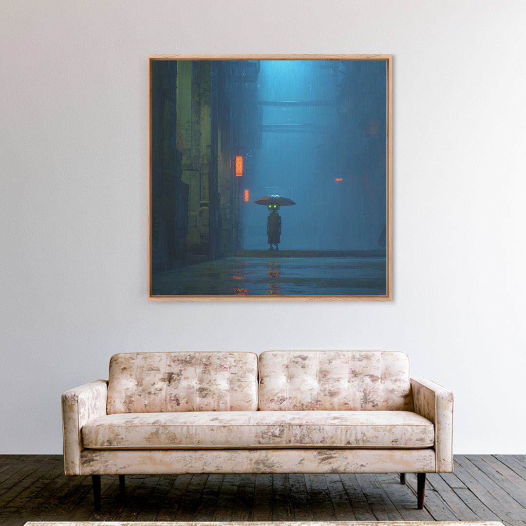Glowing Umbrella Figure Framed Canvas Print, Cyberpunk Art, Neutral Decor, Living Room Decor, Fine Art, Neon, Home Decor, CYB-1x1-63