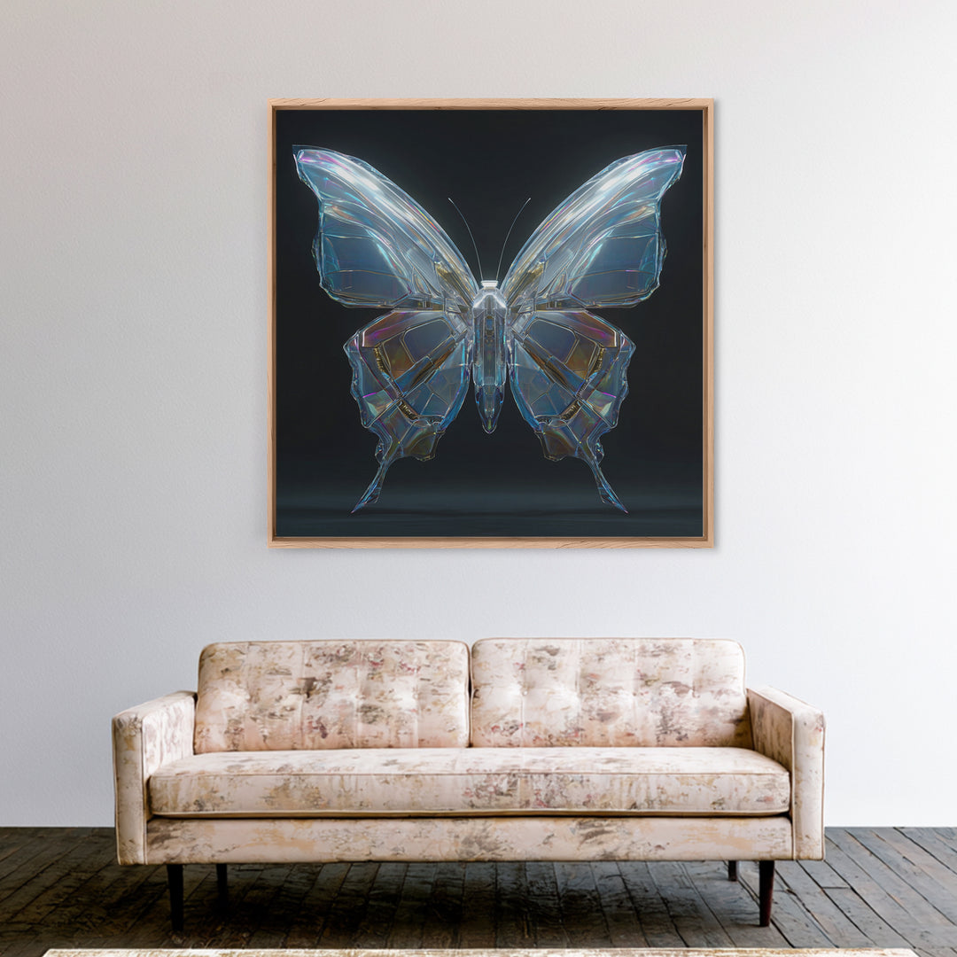 Holographic Butterfly over Black Metal Surface Framed Canvas Print, Cyberpunk Art, Modern Decor, Living Room Decor, Neon, CYB-1x1-67